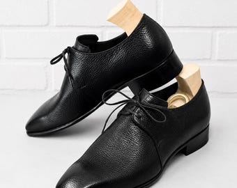 Men's Black Leather Derby Shoes Handmade Formal Dress Footwear