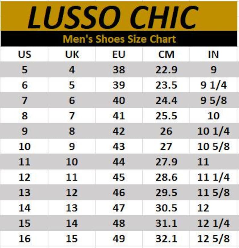 K&ouml;nnte beinhalten: Eine Schuhgr&ouml;&szlig;entabelle mit dem Text "LUSSO CHIC" oben. Die Tabelle listet US-, UK-, EU-, CM- und IN-Gr&ouml;&szlig;en auf, von US-Gr&ouml;&szlig;e 5 (22,9 cm, 9 Zoll) bis US-Gr&ouml;&szlig;e 16 (32,1 cm, 12 5/8 Zoll).