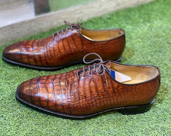 Men's Personalized Handmade Embossed leather lace up designer shoes, Leather sole shoes for office, weeding party