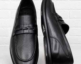 Men's Black Braided Strap Loafers  Handmade Leather Slip Formal Wedding Dress Shoes