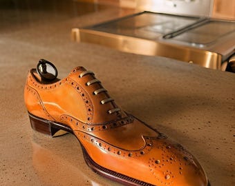 Men Brown Oxford Wingtip Brogue Shoes Handmade Leather Lace Up Formal Wedding Footwear