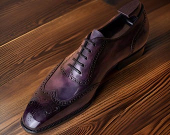 Men's Customized Handmade burgundy Leather wingtip Lace Up Italian shoes, Leather sole shoes, classic office, weeding party designer shoes