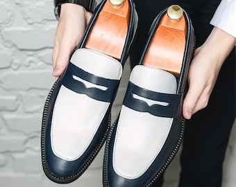 Herren Schwarz und Weiß Zweifarbige Penny Loafers Moderne Stilvolle Slip On Lederschuhe