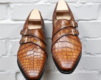 Tan Krokodil Geprägte Doppel Monk Strap Schuhe Herren Handmade Luxus Kleid