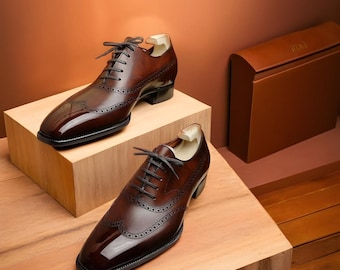 Men's Personalized handmade Genuine leather Oxford Lace Up cap toe shoes, Leather sole shoes for office, weeding party
