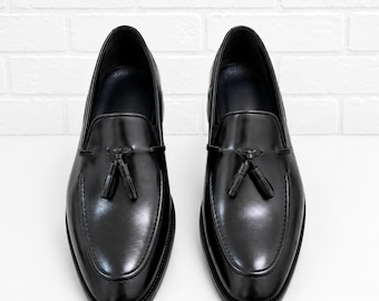Men's Black Leather Tassel Loafers, Formal Dress Shoes Handmade Slip On Loafers