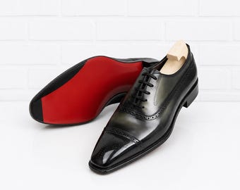 Black Oxford Cap Toe Brogue Shoes Men Full Grain Leather Handmade Dress Shoes