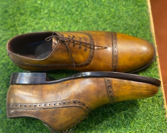 Italian Customized handmade pure leather Oxford Lace Up cap toe brogue shoes, Leather sole shoes for office, weeding party