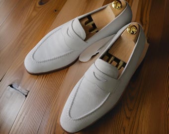 Aangepaste handgemaakte suède loafers schoenen voor mannen, leren zool schoenen, designer kantoor, wieden partij witte leren loafers