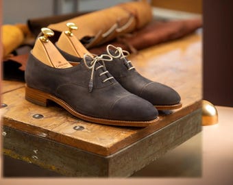 Handmade Suede Derby Shoes Men Cap Toe Lace Up Footwear Black Gray Formal Wear