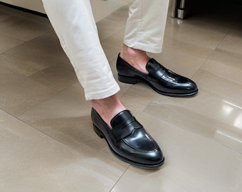 Herrskor med handgjorda Penny Loafers i läder, Klassiska kontorsskor, designerloafers i läder för herrar