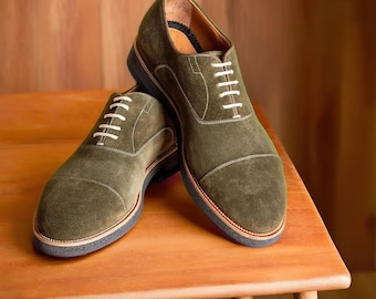 Men's Customize handmade suede leather Derby Lace Up cap toe shoes, Leather sole shoes for office, weeding party