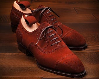 Customize handmade suede leather Lace Up cap toe Brogues shoes men, Leather sole shoes, classic office weeding party designer leather shoes