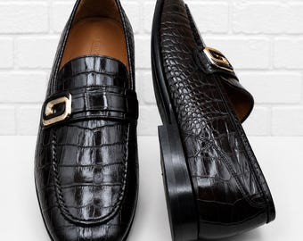 Men's Handmade Black Crocodile Bit Loafers  Durable Leather Sole Dress Shoes