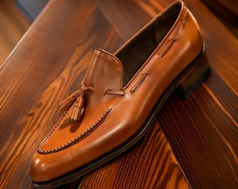 Customized Handmade Original leather tasseled Loafers Shoes for men, Leather sole shoes, office, weeding party classic dress designer shoes