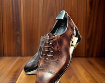 Men's Customized Handmade Leather Cap toe Lace Up square toe Italian shoes, Leather sole shoes, classic office, weeding party designer shoes