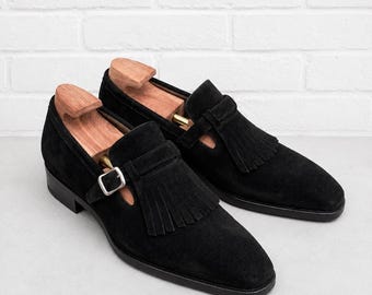 Black Suede Tassel Monk Strap Loafers Men Handmade Formal Wedding Luxury Footwear