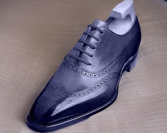Men Navy Blue Oxford Wingtip Brogue Shoes Handmade Leather Lace Up Formal Wedding Footwear