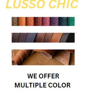K&ouml;nnte beinhalten: Das Bild zeigt gerollte Lederproben in verschiedenen Farben, darunter Braun, Orange, Lila und Gr&uuml;n. Der Text "LUSSO CHIC" steht oben und "WE OFFER MULTIPLE COLOR" unten.