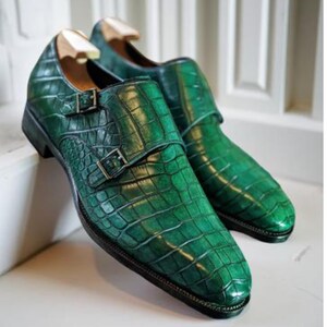 Men's Green Crocodile Double Monk Strap Shoes  Handmade Leather  Formal Wedding Footwear