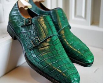 Grün Krokodil Doppel Monk Strap Schuhe Männer handgemachte Leder Luxus formale Hochzeit