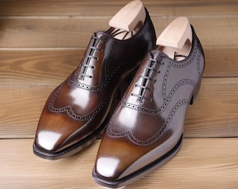 Men’s Brown Brogue Dress Shoes Handmade Leather Wedding Formal Footwear