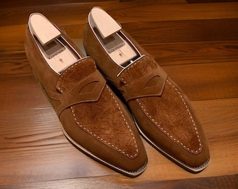 Men's Customized Handmade Suede Leather designer Loafers Shoes, Leather sole shoes, classic office, weeding party brown leather loafers