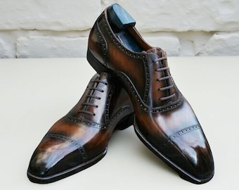 Men’s Dark Brown Hand Painted Oxford Brogue Shoes Cap Toe Formal Dress Shoes