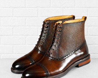 Handmade Brown Leather Cap Toe Boots Men Lace Up Ankle Dress Boots Custom Made