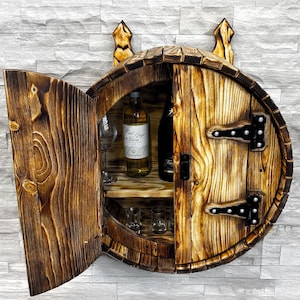 Hand-Made Wine Whiskey Barrel liquor cabinet | wall display bar shelf | bourbon barrel cabinet | Liquor Rack | Alcohol Display | Wine Shelf