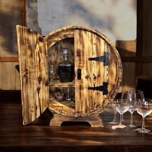 Hand-Made Wine Whiskey Barrel liquor stand | display bar tabletop | bourbon barrel cabinet | Liquor Rack | Alcohol Display | Wine Shelf