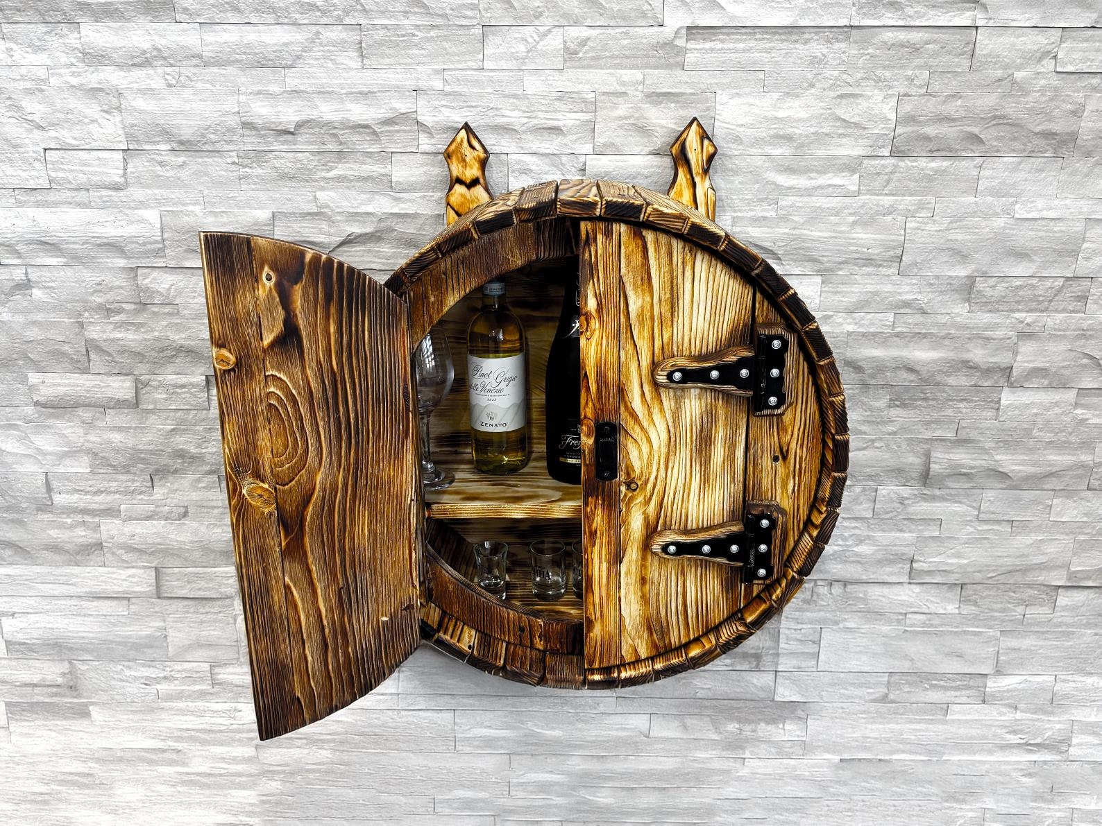 Hand-Made Wine Whiskey Barrel liquor cabinet | wall display bar shelf | bourbon barrel cabinet | Liquor Rack | Alcohol Display | Wine Shelf
