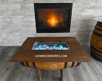Authentic Barrel Coffee Table with LED Lights, Removable Glass Top Storage