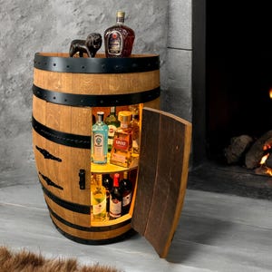 Hand-Made Authentic Liquor Barrel Display Cabinet, Handcrafted from Real Wine Whiskey Bourbon Barrel, Comes with LED Lights
