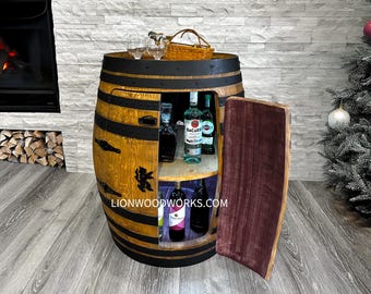 Authentic Whiskey Aged Barrel Cabinet w/ LED lights | Available Half/Full Cabinet Handcrafted from Real Whiskey Barrel