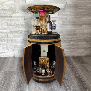 Father&#39;s Day Gift! Automatic! Authentic Whiskey Aged Barrel Cabinet w/ LED lights | Handcrafted from Real Whiskey Barrel