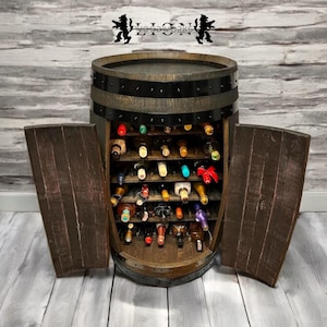 Authentic Aged Barrel Liquor Rack Cabinet w/ LED lights | Cabinet Handcrafted from Real Whiskey Barrel