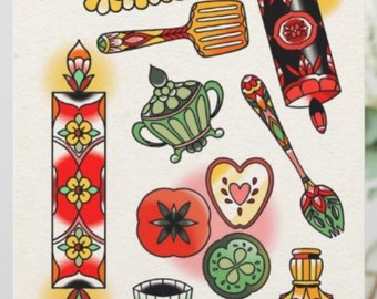 Rolling pin kitchenware utensils traditional tattoo flash art 8.5 x 10 digital print wall art and home decor