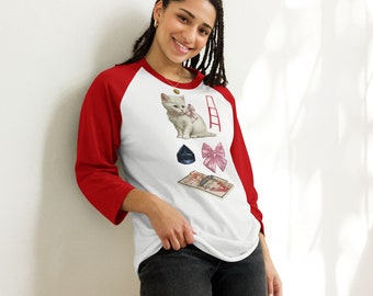 Eye-spy kitten, mousetrap, ladder and bow 3/4 sleeve raglan shirt