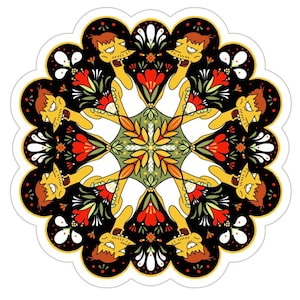 May include: A circular sticker featuring a symmetrical design with cartoon figures, red flowers, and green leaves against a black background. The design is set against a white, scalloped border. The figures are yellow with brown hair.