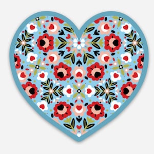 AUTOCOLLANT fleurs bleu coeur roses inspirées de l'art folklorique scandinave 3" va au lave-vaisselle/extérieur