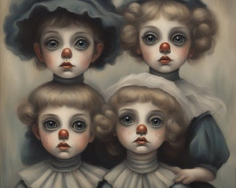 BIG EYED clown four  girls retro vintage style art  5x7 digital print