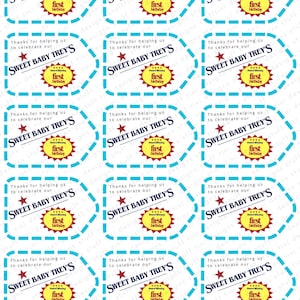 May include: A sheet of stickers with a blue dashed border. Each sticker features the text "SWEET BABY TREY'S" and "first birthday". The stickers also include the text "Thanks for helping us to celebrate our". The stickers are white with blue and red accents.