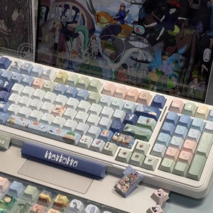 May include: A white mechanical keyboard with pastel blue, green, and pink keycaps featuring various illustrations. The keyboard has a blue wrist rest with the word "TokkiTo" printed on it. The keyboard is surrounded by other keycaps and a small clear container with a decorative design.