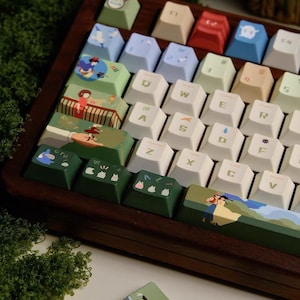 K&ouml;nnte beinhalten: Eine benutzerdefinierte Tastatur mit gr&uuml;nen, blauen und wei&szlig;en Tastenkappen, die Illustrationen von Figuren aus dem Animationsfilm 'Howls bewegliches Schloss' zeigen. Die Tastatur hat einen Holzrahmen und ist von gr&uuml;nem Moos umgeben.