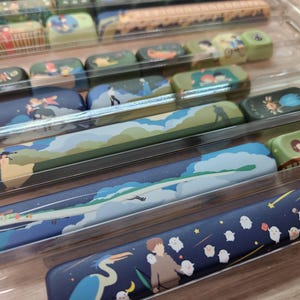 K&ouml;nnte beinhalten: Ein Satz bunter Tastaturkappen mit verschiedenen Illustrationen, darunter ein M&auml;dchen mit einem Regenschirm, ein fliegendes Wesen und ein M&auml;dchen mit einem Buch. Die Tastenkappen sind in einem durchsichtigen Plastikgeh&auml;use angeordnet.