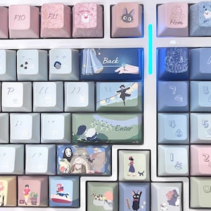 May include: A white mechanical keyboard with custom keycaps featuring illustrations from the Studio Ghibli film, 'My Neighbor Totoro'. The keycaps are in various pastel colors and feature characters like Totoro, the Catbus, and other creatures from the film. The keyboard also has a blue backlight.