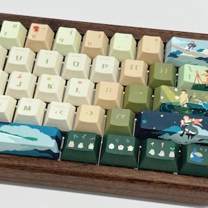 K&ouml;nnte beinhalten: Eine benutzerdefinierte Tastatur mit einem Holzrahmen und Tastenkappen mit verschiedenen Illustrationen. Die Tastenkappen haben ein hellbraunes, gr&uuml;nes und blaues Farbschema. Die Illustrationen umfassen eine Waldszene, einen Nachthimmel mit Sternen und eine Szene mit einem Vogel und einer Person.