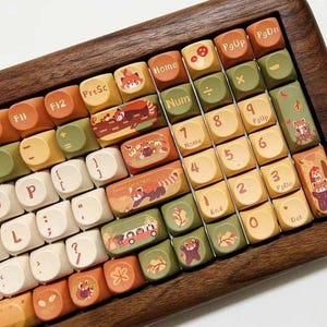 Może przedstawiać: Niestandardowa klawiatura z drewnianą ramą i kolorowymi nakładkami na klawisze. Nakładki na klawisze mają różne kolory, w tym pomarańczowy, zielony i biały, z ilustracjami pand rudych i innych wzorów. Klawiatura ma unikalny i artystyczny wygląd.