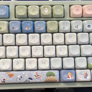 May include: A white mechanical keyboard with custom keycaps featuring illustrations from the animated film 'Howl's Moving Castle'. The keycaps are decorated with characters, scenes, and objects from the movie, including Howl, Sophie, Calcifer, and the moving castle itself.